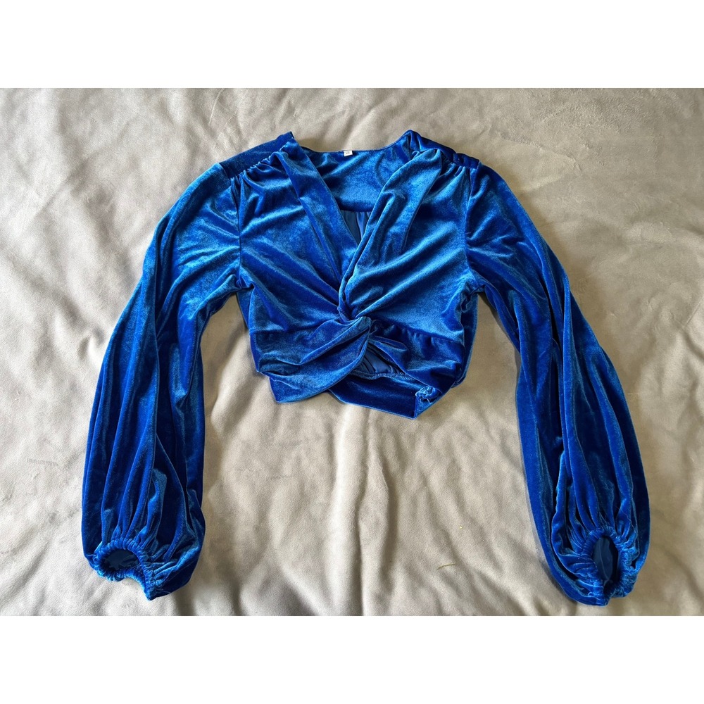Royal Blue Velvet Twist Front Crop Top Long Balloon Sleeve V-Neck XS